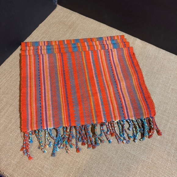 Pier 1 Placemats Woven Cotton Set Of 4 Orange striped tasseled Guatemala Summer - Picture 2 of 4